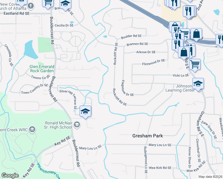 map of restaurants, bars, coffee shops, grocery stores, and more near 2683 Rockcliff Road Southeast in Atlanta