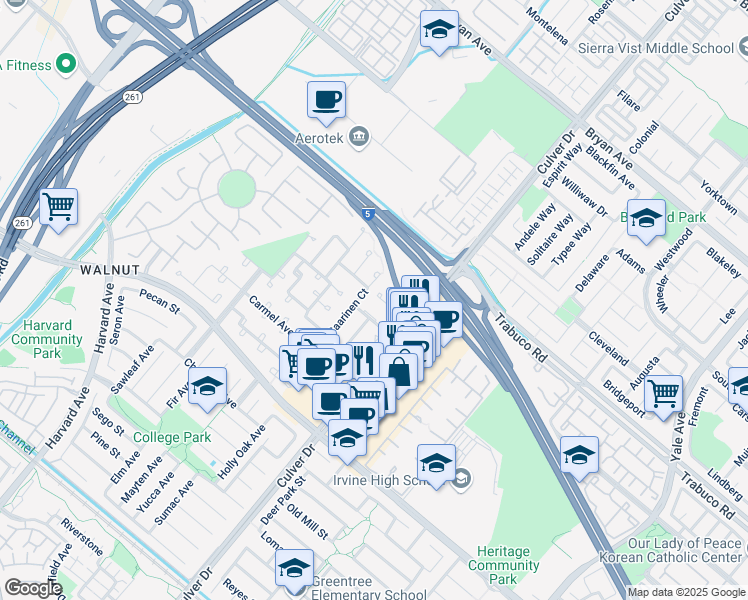 map of restaurants, bars, coffee shops, grocery stores, and more near 14101 Moore Court in Irvine