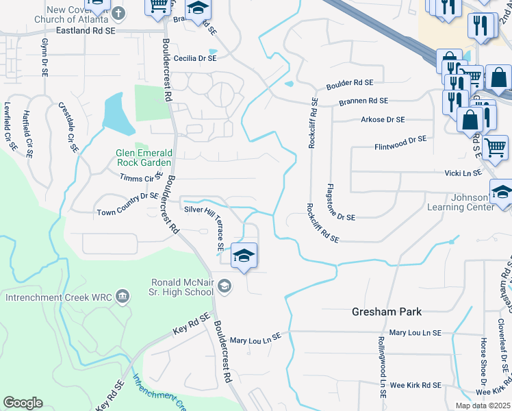 map of restaurants, bars, coffee shops, grocery stores, and more near 2591 Boulder Hill Court Southeast in Atlanta