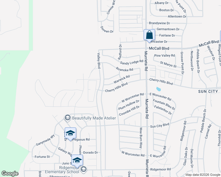 map of restaurants, bars, coffee shops, grocery stores, and more near 25670 Cherry Hills Boulevard in Menifee
