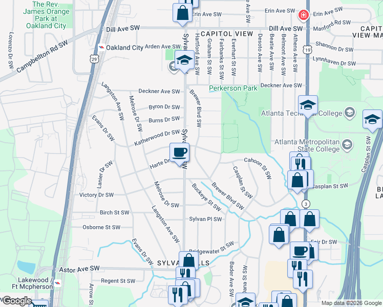 map of restaurants, bars, coffee shops, grocery stores, and more near in Atlanta