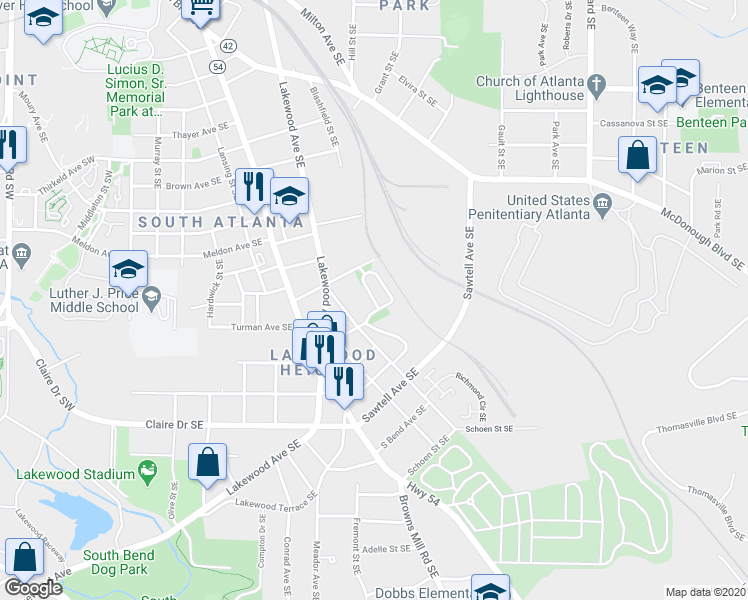 map of restaurants, bars, coffee shops, grocery stores, and more near Oak Knoll Circle Southeast in Atlanta