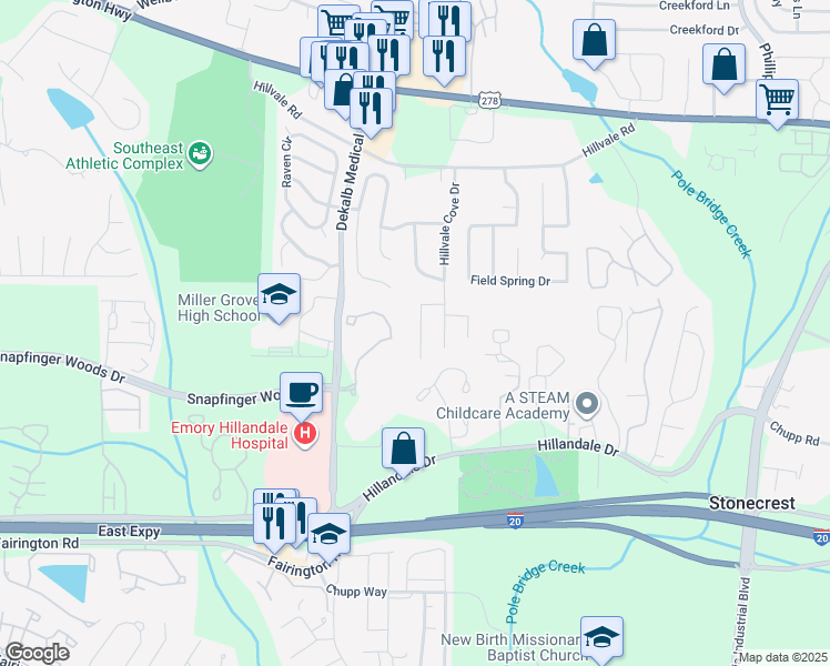 map of restaurants, bars, coffee shops, grocery stores, and more near 5980 Hillvale Trail in Lithonia