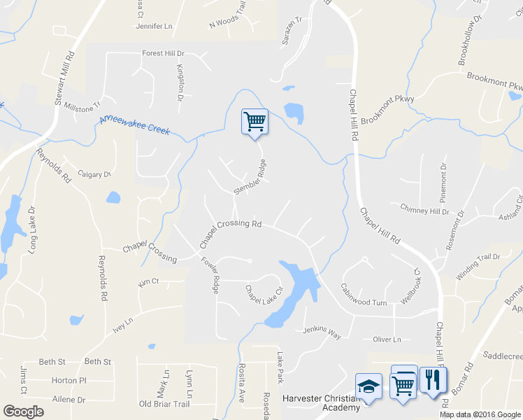 map of restaurants, bars, coffee shops, grocery stores, and more near 3544 Mekabe Court in Douglasville