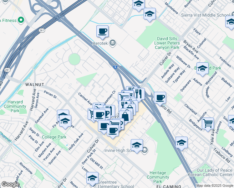map of restaurants, bars, coffee shops, grocery stores, and more near 14101 Moore Court in Irvine