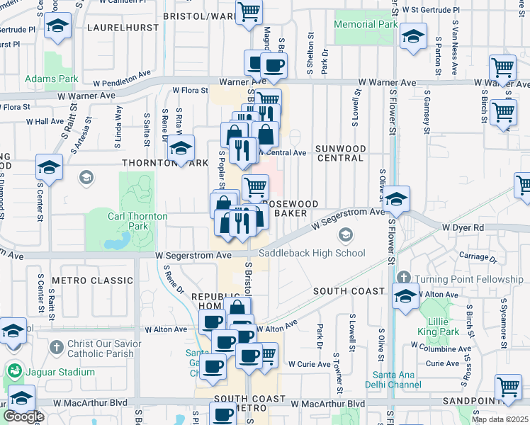 map of restaurants, bars, coffee shops, grocery stores, and more near 2801 South Bristol Street in Santa Ana
