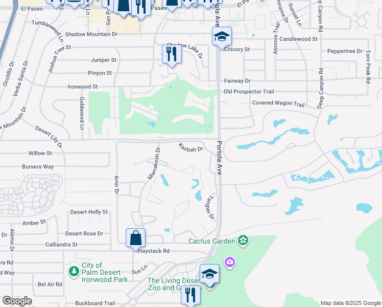 map of restaurants, bars, coffee shops, grocery stores, and more near 47065 Kasbah Drive in Palm Desert