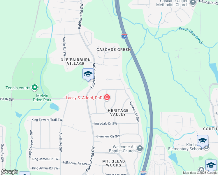 map of restaurants, bars, coffee shops, grocery stores, and more near 3499 Rolling Green Ridge Southwest in Atlanta