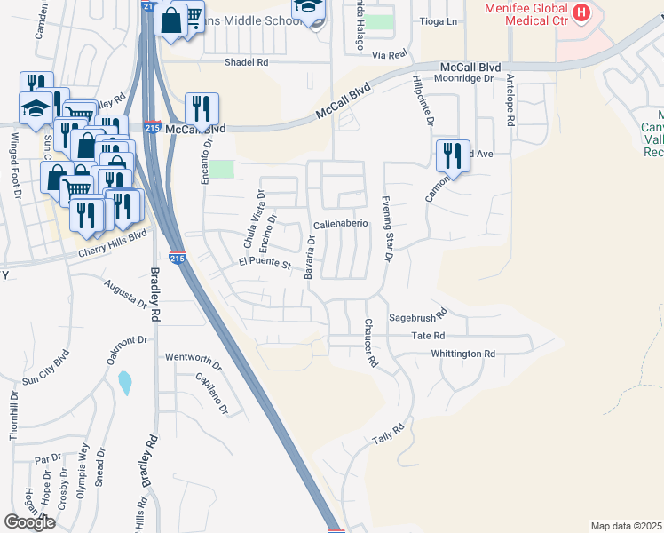 map of restaurants, bars, coffee shops, grocery stores, and more near 28333 Calle Lustrosos in Menifee