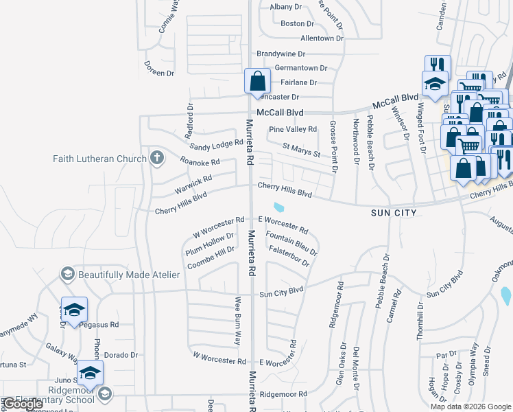 map of restaurants, bars, coffee shops, grocery stores, and more near 28322 Murrieta Road in Menifee