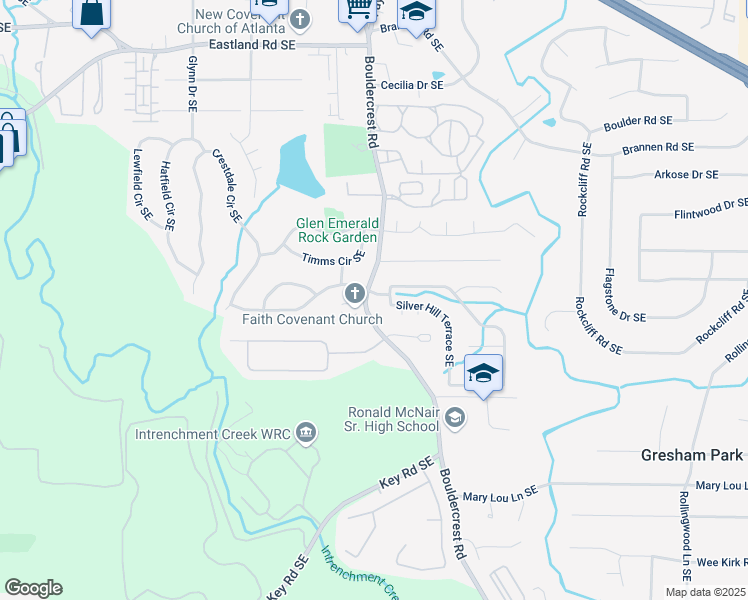 map of restaurants, bars, coffee shops, grocery stores, and more near 2675 Sugar Mill Drive Southeast in Atlanta