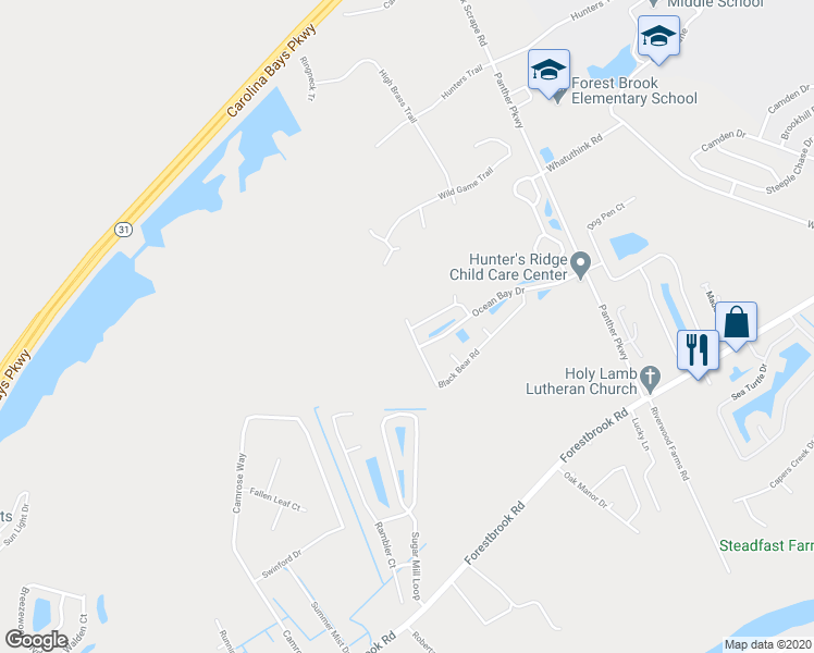 map of restaurants, bars, coffee shops, grocery stores, and more near 241 Black Bear Road in Myrtle Beach