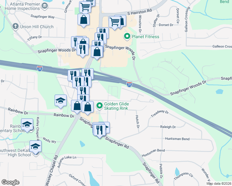 map of restaurants, bars, coffee shops, grocery stores, and more near 2636 Pleasant Wood Drive in Decatur