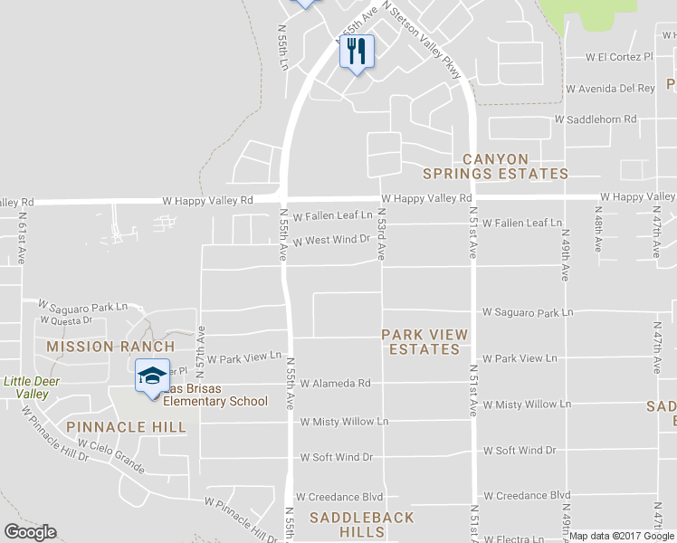 map of restaurants, bars, coffee shops, grocery stores, and more near 5353 West Whispering Wind Drive in Glendale