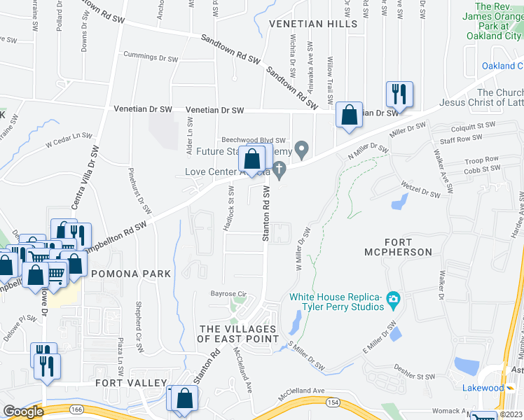map of restaurants, bars, coffee shops, grocery stores, and more near 1669 Stanton Road Southwest in Atlanta