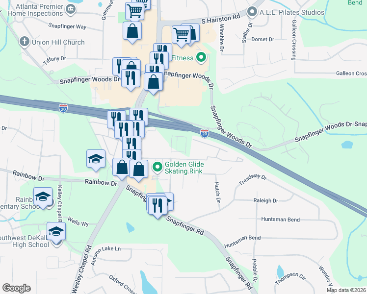 map of restaurants, bars, coffee shops, grocery stores, and more near 2636 Pleasant Wood Drive in Decatur