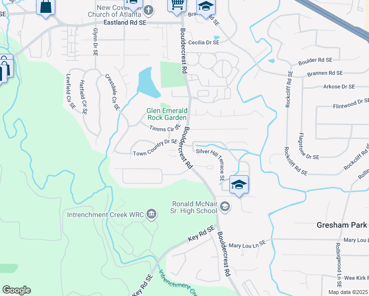 map of restaurants, bars, coffee shops, grocery stores, and more near 2675 Sugar Mill Drive Southeast in Atlanta
