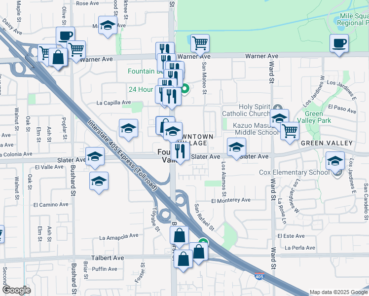 map of restaurants, bars, coffee shops, grocery stores, and more near 10055 Slater Avenue in Fountain Valley