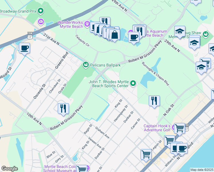 map of restaurants, bars, coffee shops, grocery stores, and more near 2050 Corporate Centre Drive in Myrtle Beach