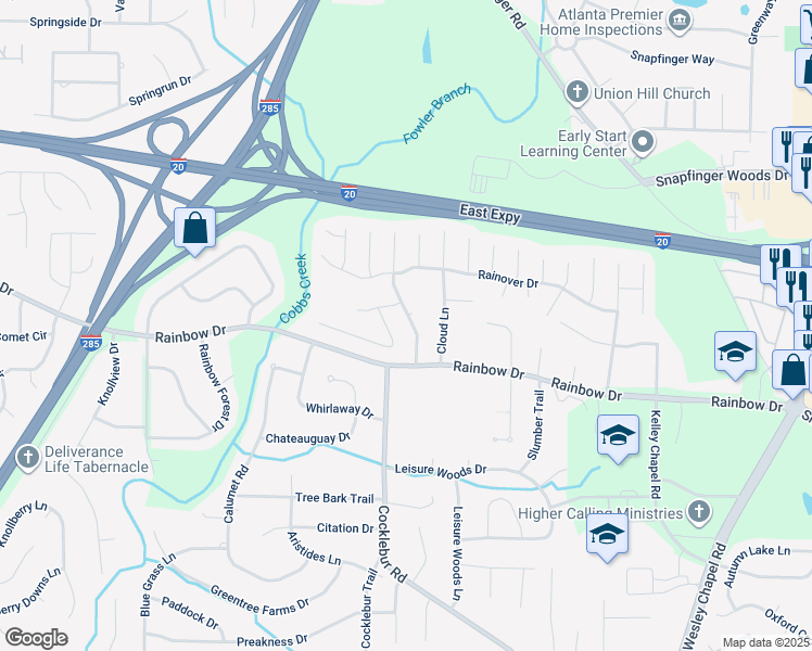 map of restaurants, bars, coffee shops, grocery stores, and more near 2643 Rainbow Creek Drive in Decatur
