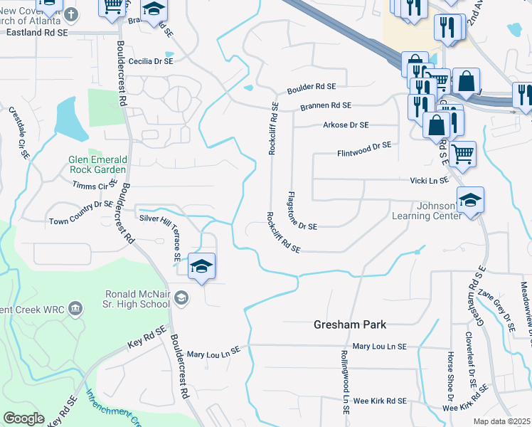 map of restaurants, bars, coffee shops, grocery stores, and more near 2683 Rockcliff Road Southeast in Atlanta