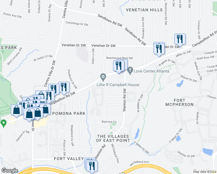 map of restaurants, bars, coffee shops, grocery stores, and more near 1681 Hadlock Street Southwest in Atlanta