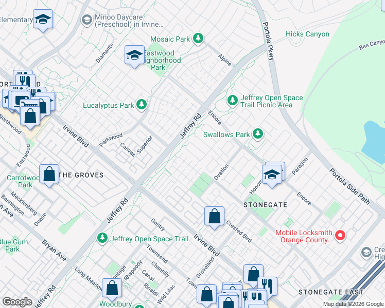 map of restaurants, bars, coffee shops, grocery stores, and more near Melville in Irvine