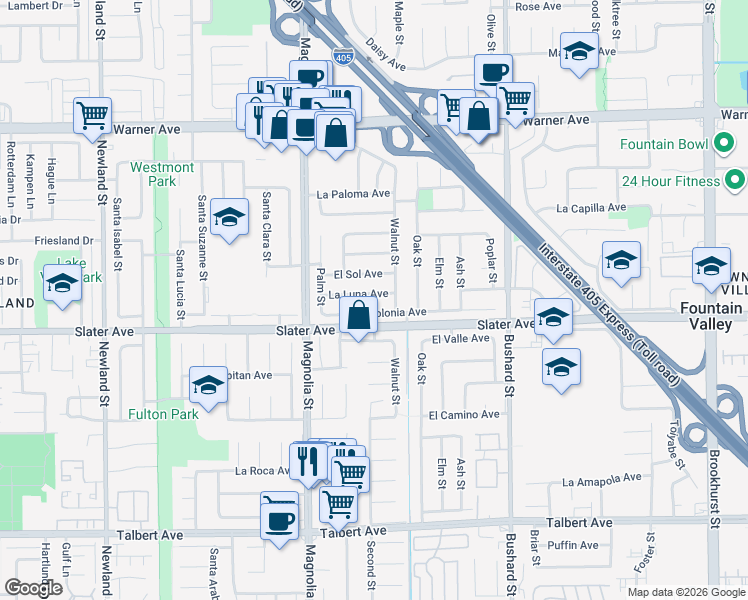 map of restaurants, bars, coffee shops, grocery stores, and more near 9166 La Luna Avenue in Fountain Valley