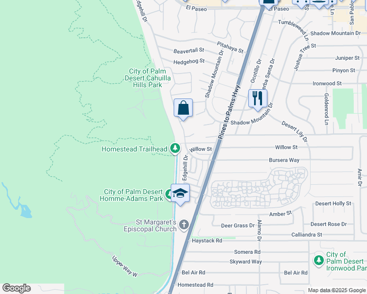 map of restaurants, bars, coffee shops, grocery stores, and more near 72664 Willow Street in Palm Desert