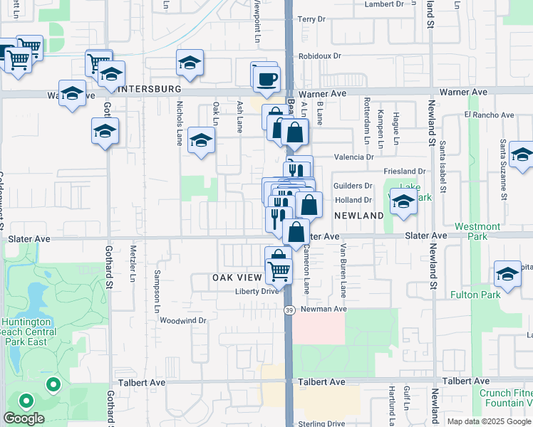 map of restaurants, bars, coffee shops, grocery stores, and more near 17431 Beach Boulevard in Huntington Beach