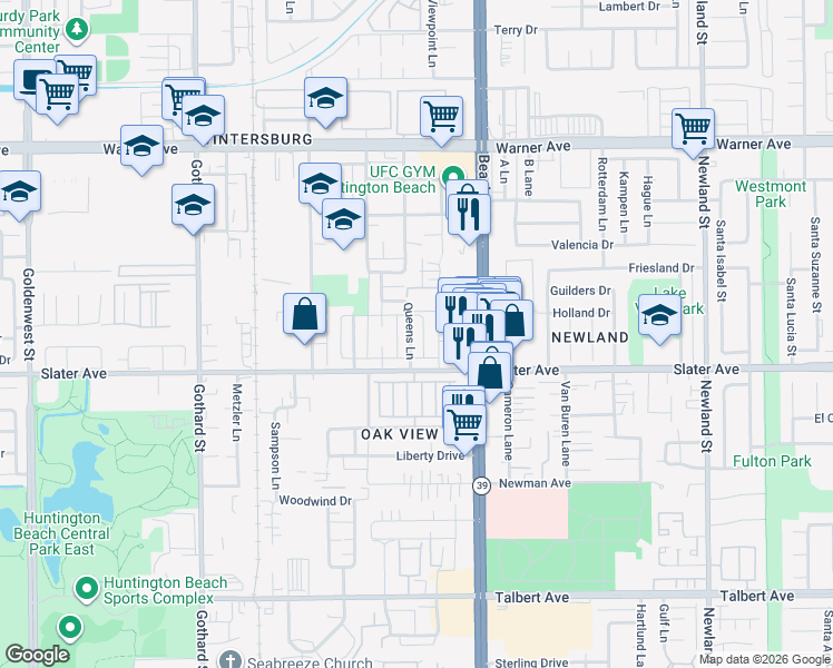 map of restaurants, bars, coffee shops, grocery stores, and more near 17412 Queens Lane in Huntington Beach