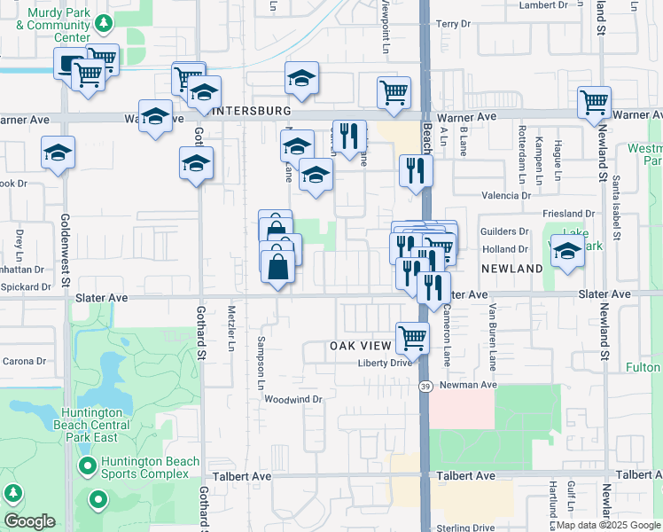 map of restaurants, bars, coffee shops, grocery stores, and more near 17411 Koledo Lane in Huntington Beach