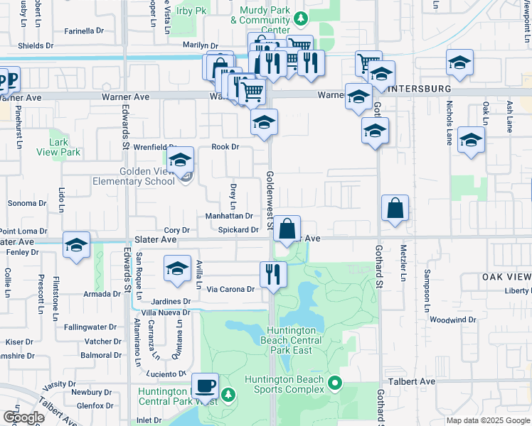 map of restaurants, bars, coffee shops, grocery stores, and more near 7002 Ford Drive in Huntington Beach