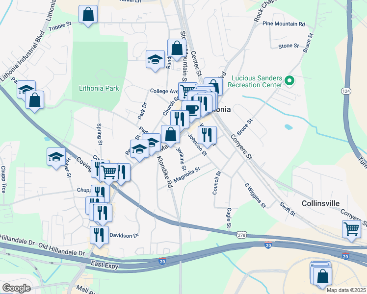 map of restaurants, bars, coffee shops, grocery stores, and more near 6903 Main Street in Lithonia