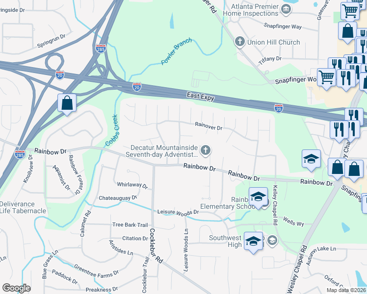 map of restaurants, bars, coffee shops, grocery stores, and more near 2642 Cloud Lane in Decatur