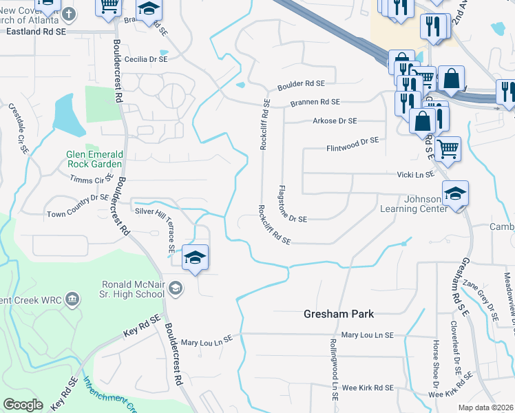 map of restaurants, bars, coffee shops, grocery stores, and more near 2683 Rockcliff Road Southeast in Atlanta