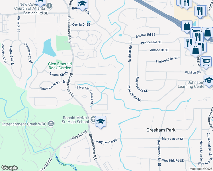 map of restaurants, bars, coffee shops, grocery stores, and more near 2591 Boulder Hill Court Southeast in Atlanta