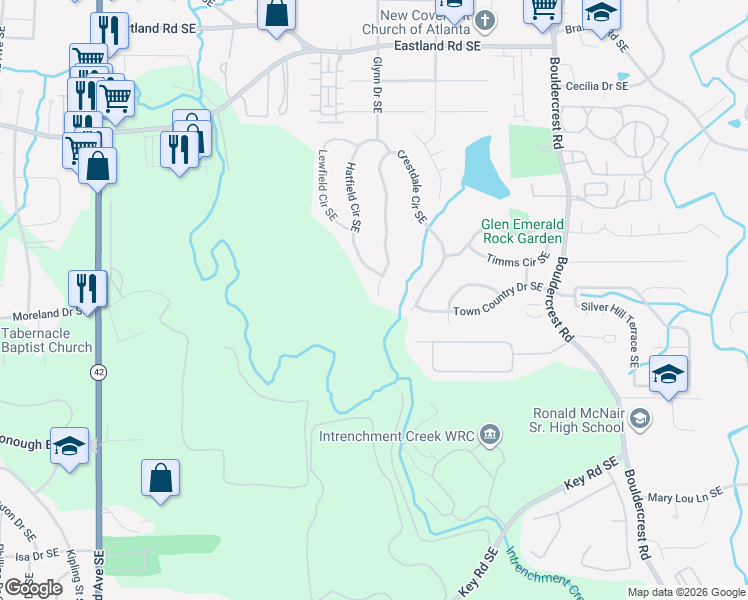 map of restaurants, bars, coffee shops, grocery stores, and more near 2687 Crestdale Circle Southeast in Atlanta
