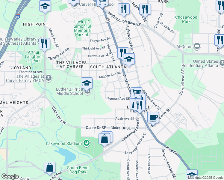 map of restaurants, bars, coffee shops, grocery stores, and more near 53 Bowen Avenue Southeast in Atlanta