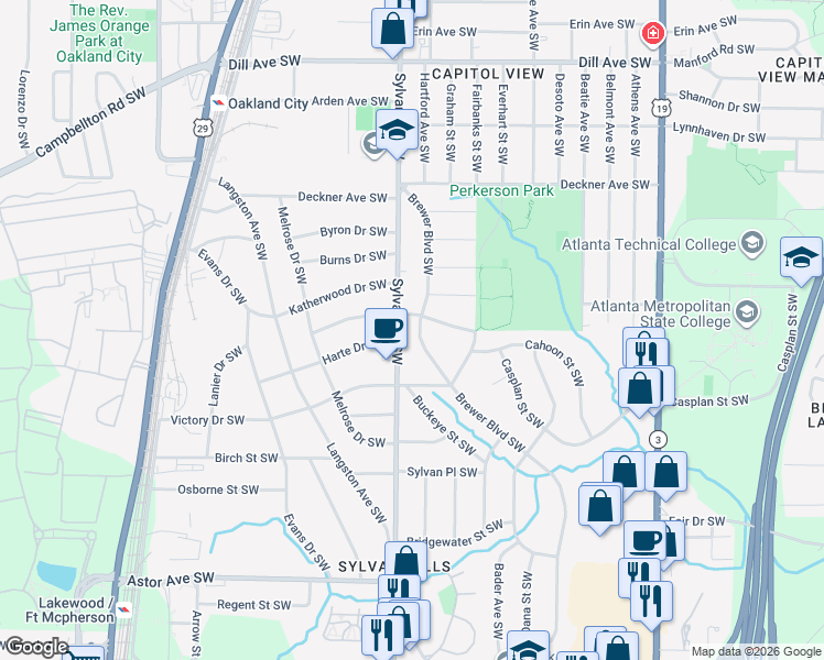 map of restaurants, bars, coffee shops, grocery stores, and more near in Atlanta