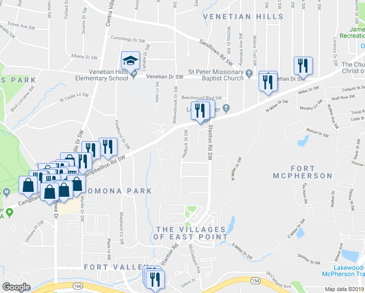 map of restaurants, bars, coffee shops, grocery stores, and more near 1688 Hadlock Street Southwest in Atlanta