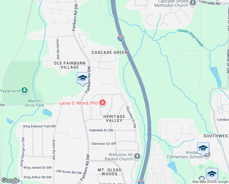 map of restaurants, bars, coffee shops, grocery stores, and more near 3459 Rolling Green Ridge Southwest in Atlanta