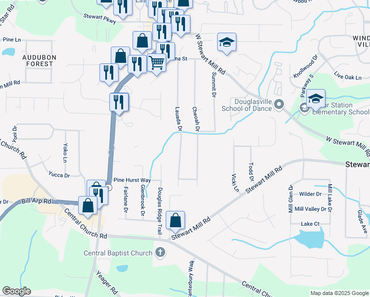 map of restaurants, bars, coffee shops, grocery stores, and more near 4027 Lauada Drive in Douglasville