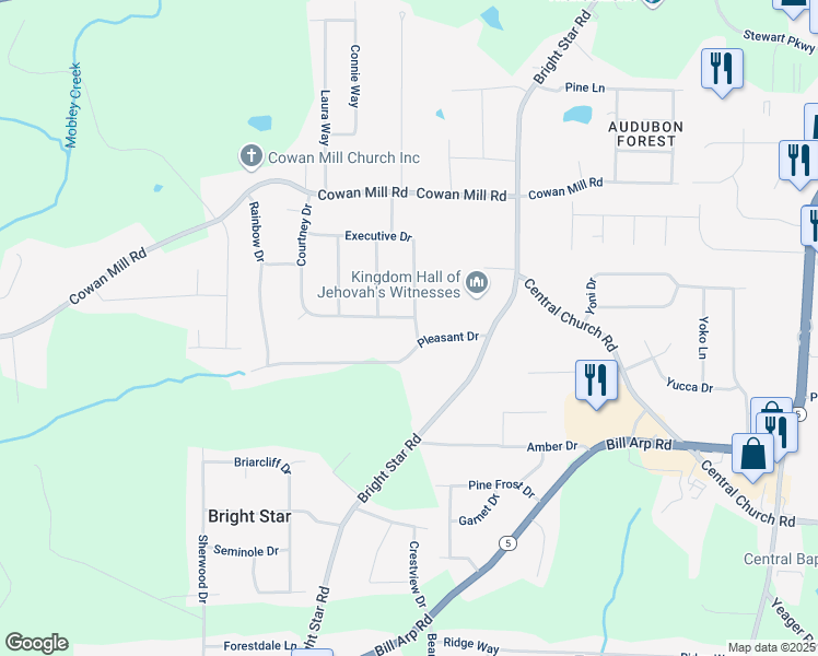 map of restaurants, bars, coffee shops, grocery stores, and more near 6431 Courtney Drive in Forest Park