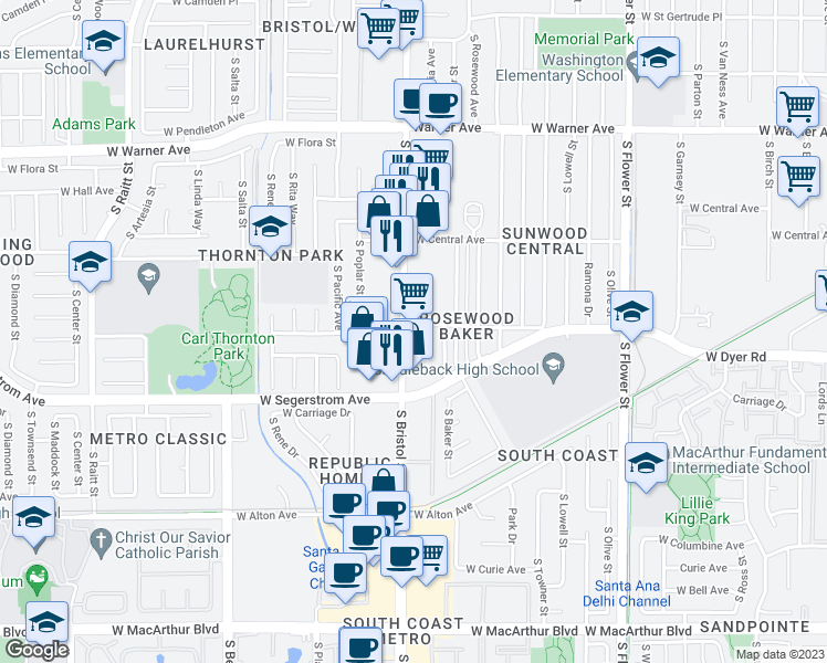 map of restaurants, bars, coffee shops, grocery stores, and more near 2801 South Bristol Street in Santa Ana