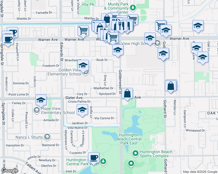map of restaurants, bars, coffee shops, grocery stores, and more near 17391 Gibson Circle in Huntington Beach