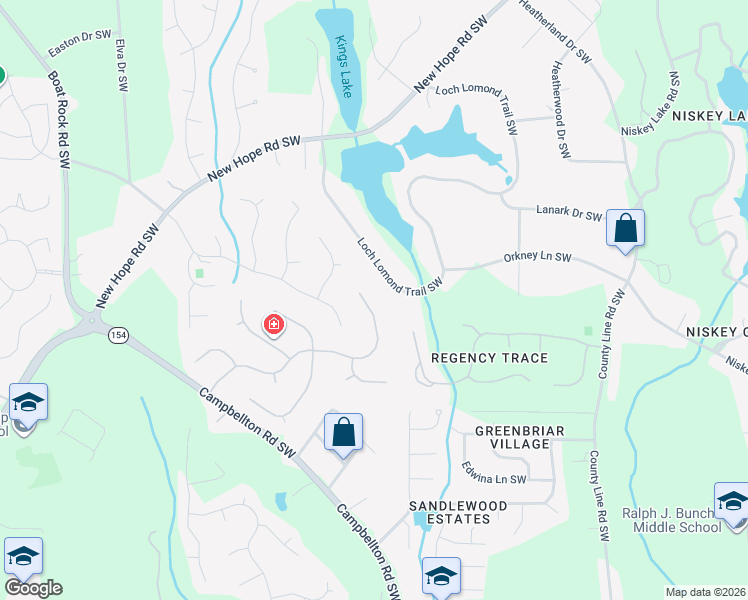 map of restaurants, bars, coffee shops, grocery stores, and more near 4865 Promenade Drive Southwest in Atlanta