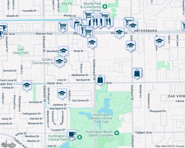 map of restaurants, bars, coffee shops, grocery stores, and more near 7002 Ford Drive in Huntington Beach