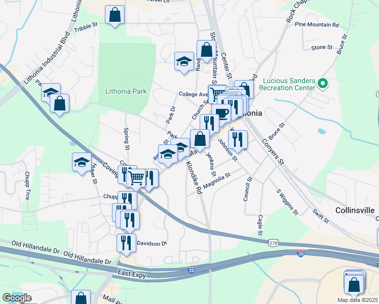 map of restaurants, bars, coffee shops, grocery stores, and more near 6860 Main Street in Lithonia