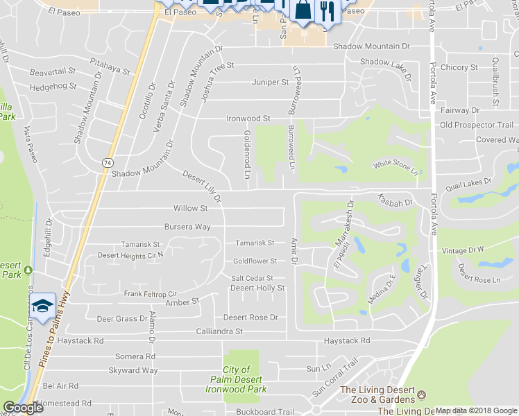 map of restaurants, bars, coffee shops, grocery stores, and more near 73434 Willow Street in Palm Desert